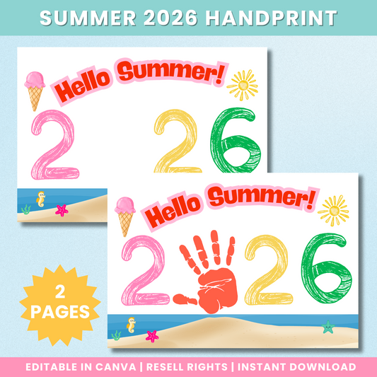 Two-page Summer 2026 Handprint craft preview with blank and completed examples