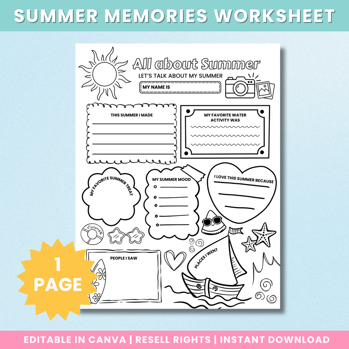 Summer Memories Worksheet printable preview